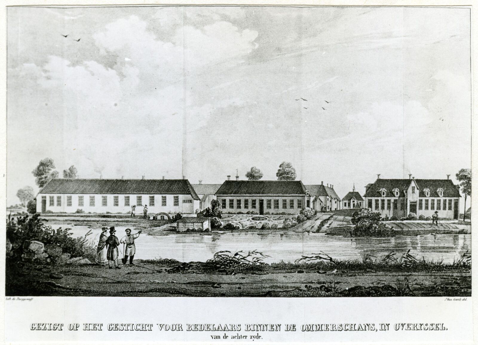 Gezicht over water op de achterzijde van het gesticht voor bedelaars, de Ommerschans. Bron: Drents Archief, Collectie Maatschappij van Weldadigheid, maker J. van Genk