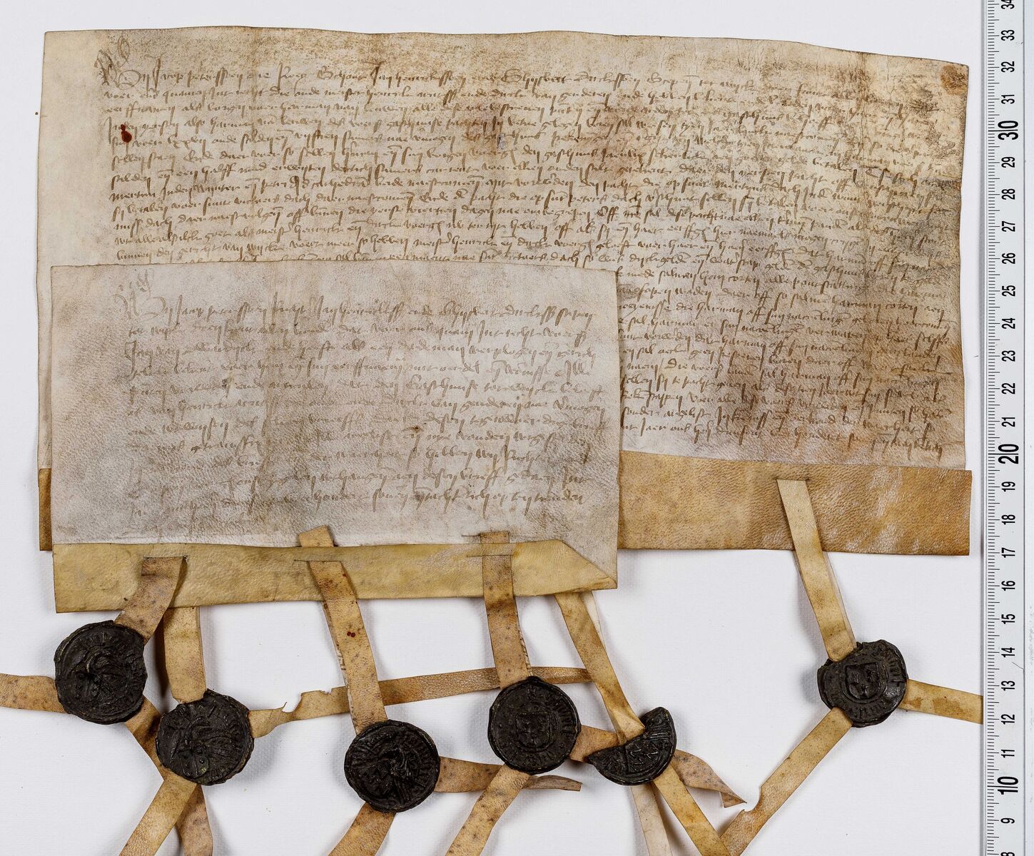 Akte van borgstelling door Hendrick Arntsz en Dirck van Genderen voor Harman van Leeuwen, die gedurende 10 jaren de pachten zal ontvangen die het gasthuis in de Betuwe te vorderen heeft