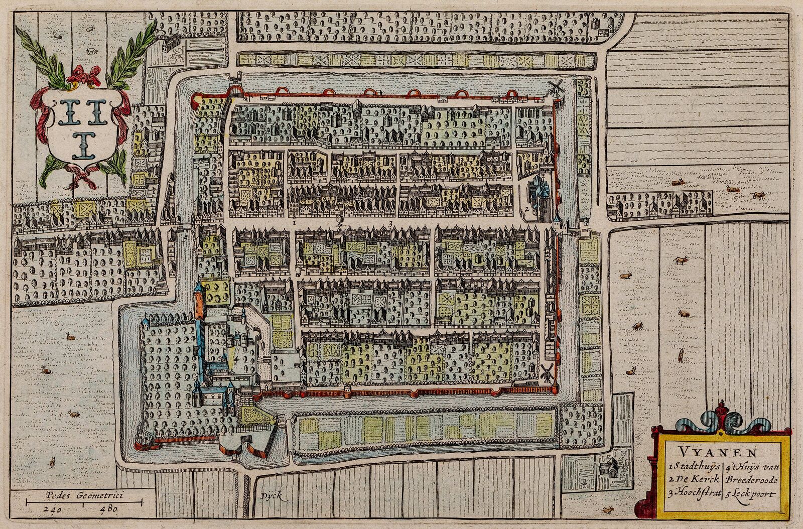 Plattegrond van de stad Vianen (ingekleurd)