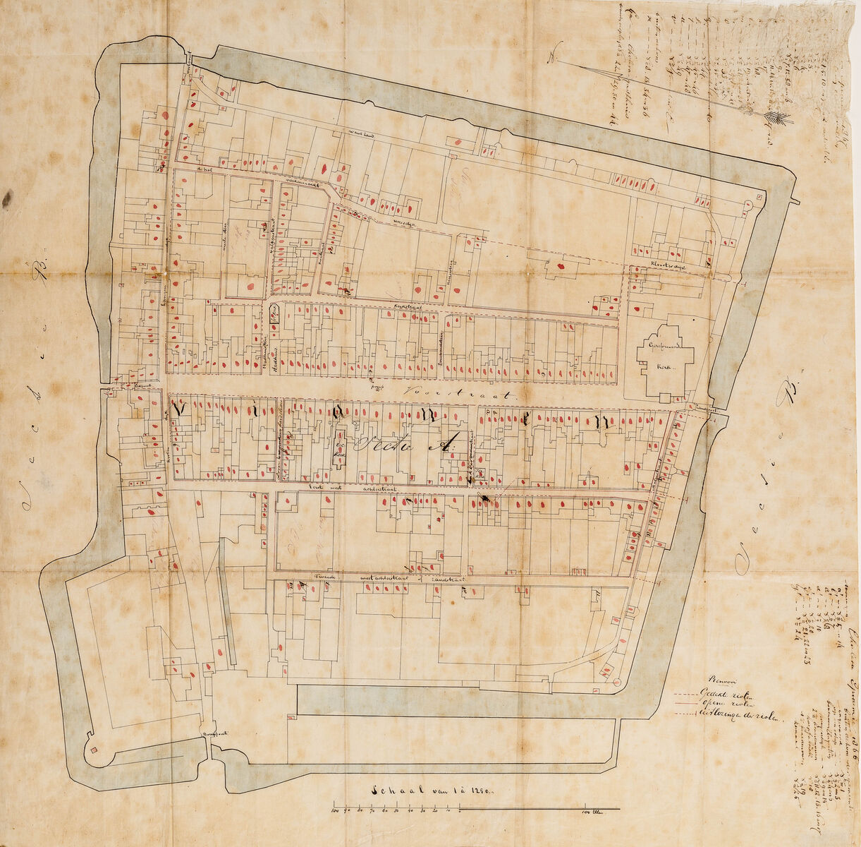 Kaart van gevallen van cholera in Vianen in 1866